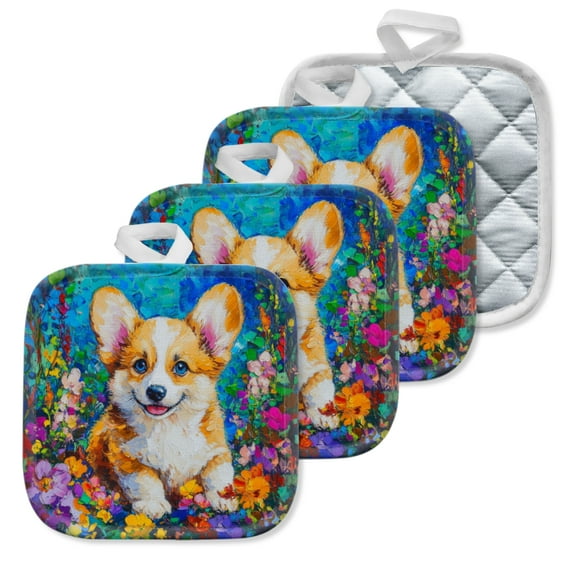 4 Pack Pot Holders,Kitchen Essential, Potholder Set,Corgi Puppy In A Bed Of Colorful Flowers