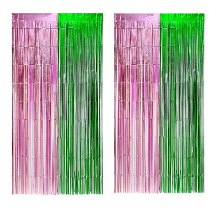 Pink and Green Party Decorations Fringe Backdrop Tinsel Curtain 2pack（3.28x6.56ft）
