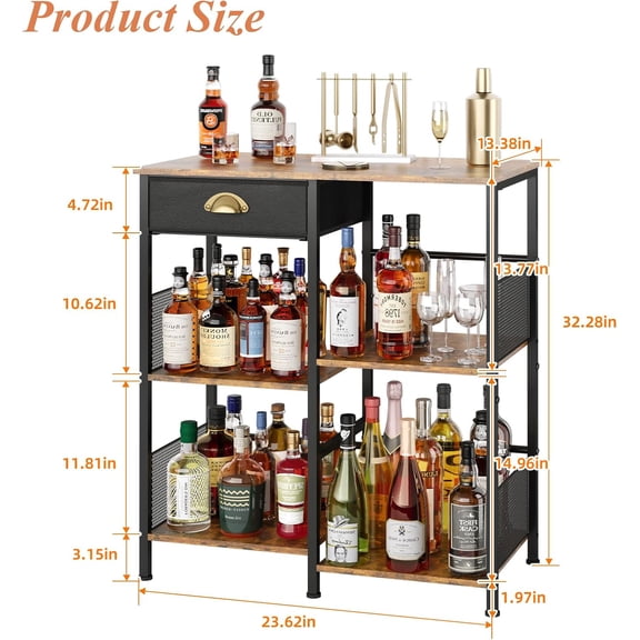 Liquor Cabinet with Drawer for Home Bar, 5-Layer Staggered Mini Bar Table for Wine Whiskey Liquor, Wine Rack Freestanding Floor with Fences for Bottles, Cocktail Shaker, Vintage Brown