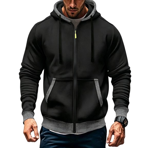 hoksml Men's Full Zip Hooded Sweatshirt, Contrast Trim Drawstring Hoodie Jacket with Kangaroo Pocket and Ribbed Cuffs, Casual Long Sleeve Outerwear