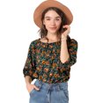 thumbnail image 1 of Blusa Campesina Floral Escote Elástico Manga De Burbuja Hombros Descubiertos Para Mujer Azul Marino M, 1 of 6