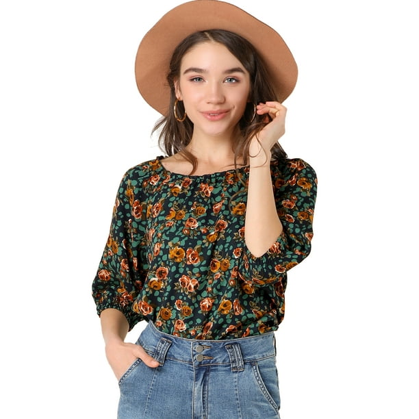 Blusa Campesina Floral Escote Elástico Manga De Burbuja Hombros Descubiertos Para Mujer Azul Marino S