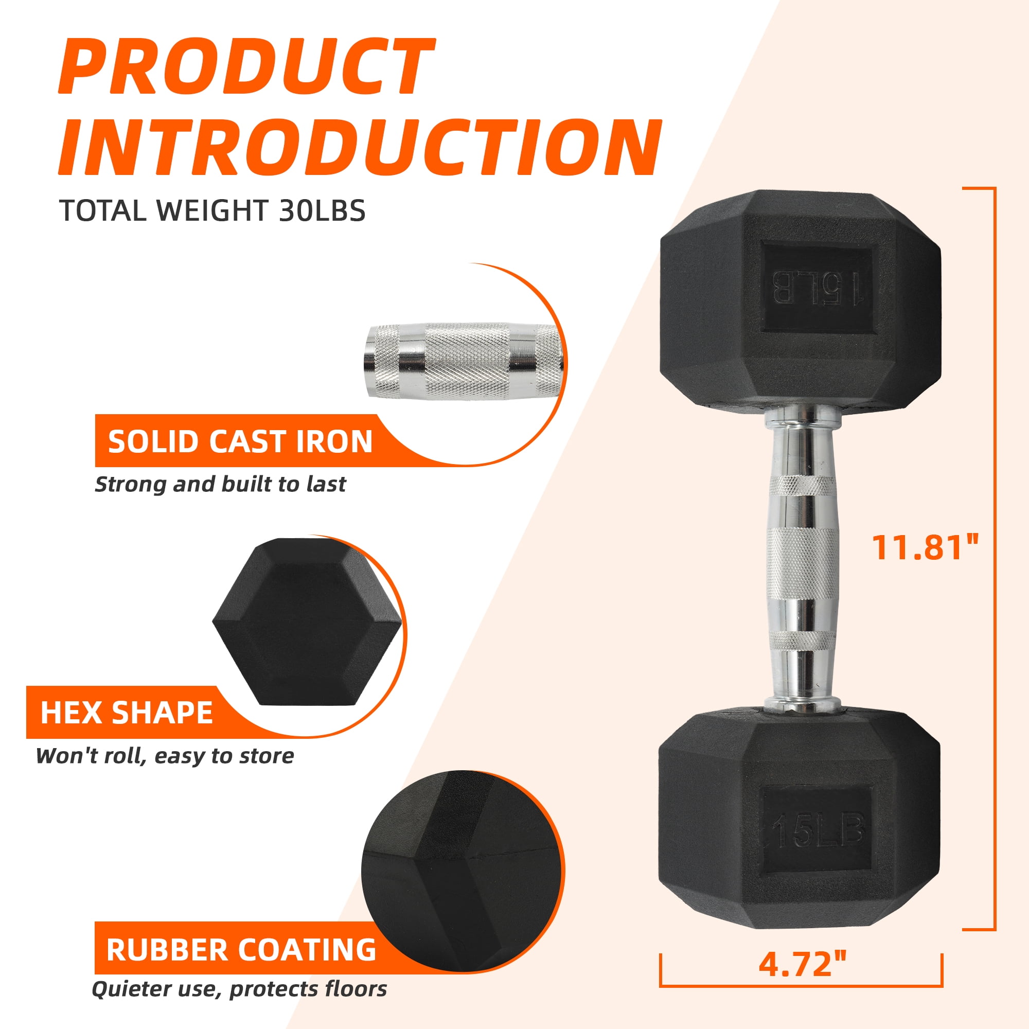 FlexWave Rubber Encased Hex Dumbbell – 10-50 lb, Black, Durable Non-Slip Weights for Home & Gym Workouts