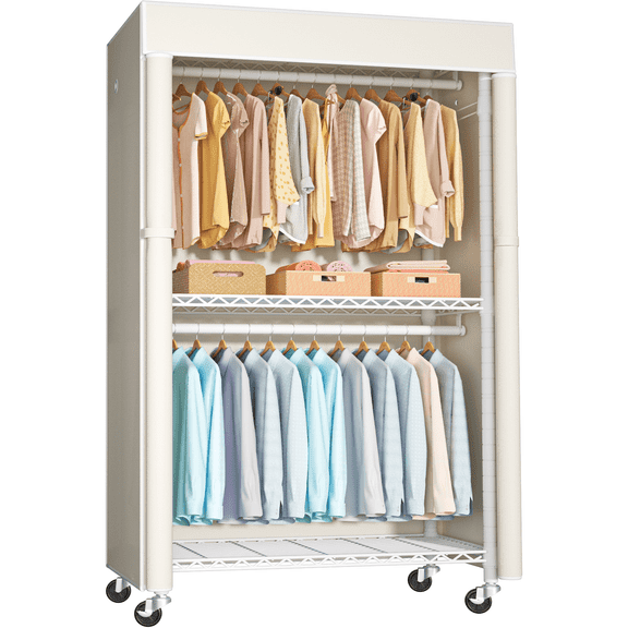 FUTASSI Rolling Clothes Rack with Cover, Adjustable Shelves and Double Rods for Hanging Clothes, White