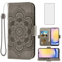 Asuwish Compatible with Samsung Galaxy A25 5G Wallet Phone Case and Tempered Glass Screen Protector Flip Credit Card Holder Stand Mandala Flower Cell Cover for A 25 25A SM-A256U Women Men Gray