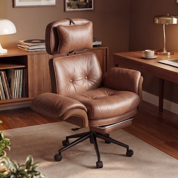 Hawsaiy Criss Cross Office Chair with Flip-Up Armrests and Headrest, 135° Reclining Executive Desk Chair with Side Pockets, Cross Legged Office Chair with Footrest & Wide Seat, Brown