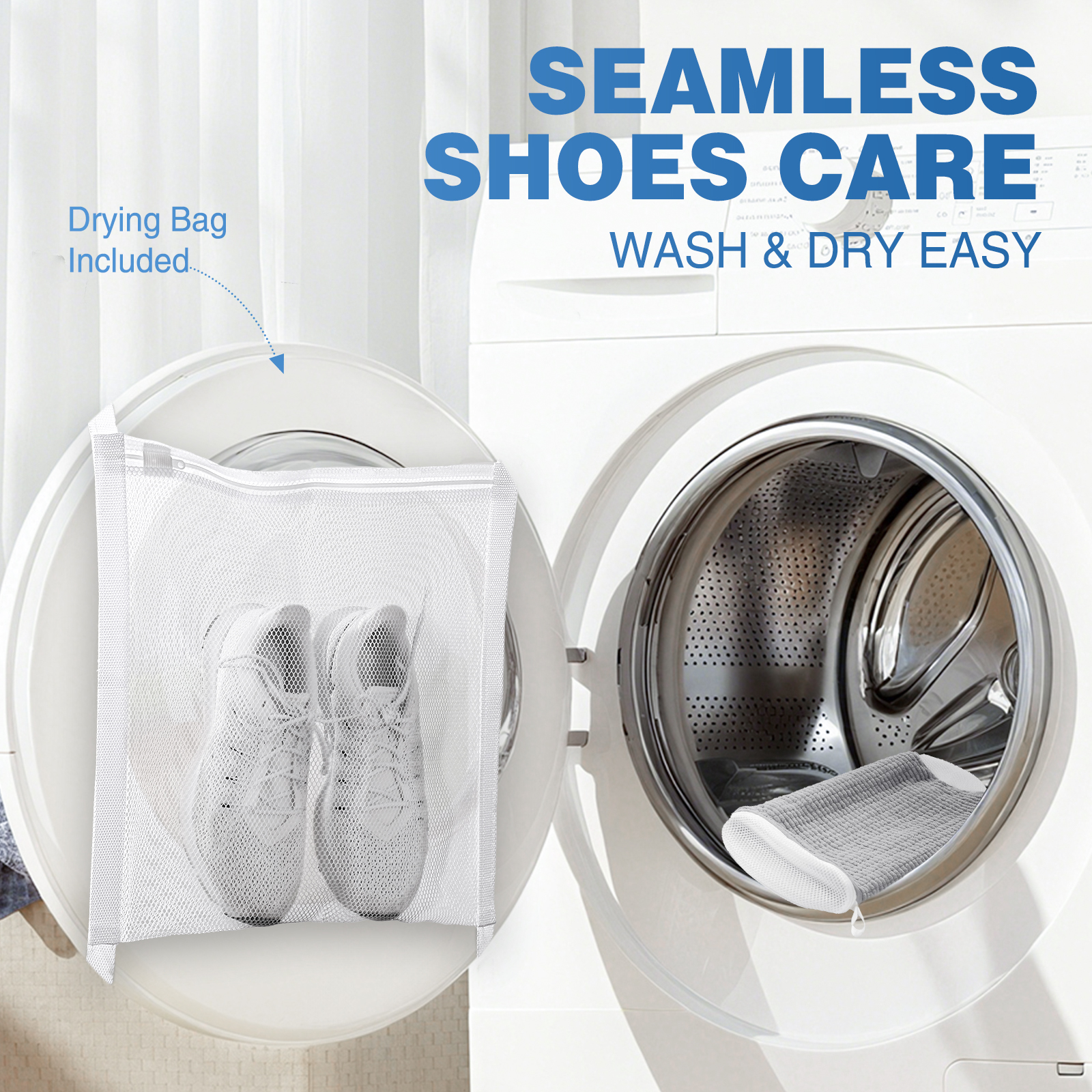Avoalre Shoe Laundry Bag, Fluffy Fibers 360° Cleaning Shoe Washing Bag with Dry Net Bag, Top Hidden Zipper, Durable & Reusable for Sneakers