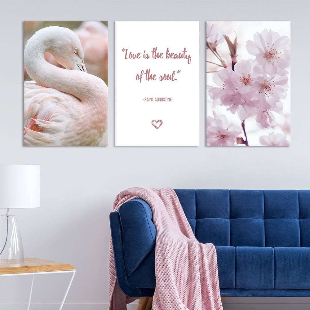 wall26 - 3 Panel Canvas Wall Art - Pink Cherry Blossom, Flamingo and ...