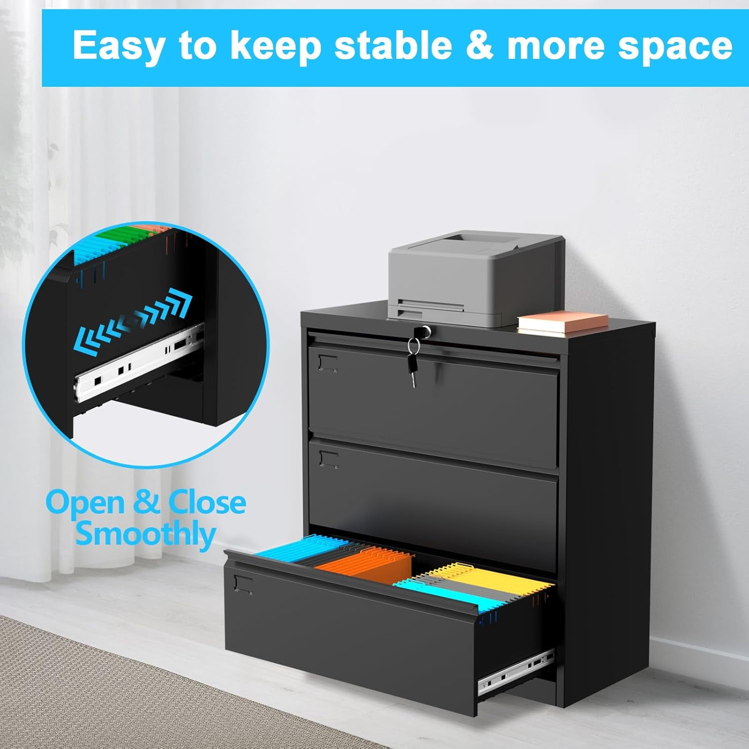 3 Drawer Lateral File Cabinet,Heavy Duty Lockable Filing Cabinet, Large Metal Storage File Cabinet for for Letter, Legal, A4 Files, Black