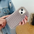 thumbnail image 3 of Compatible with iPhone 15 Plush Case Stripe Pattern Fluffy Fuzzy Furry Warm Plush Phone Case Girly Women Girls Smooth Cozy Winter Soft TPU Warm Hair Fur Shockproof Phone Cover, Khaki, 3 of 10