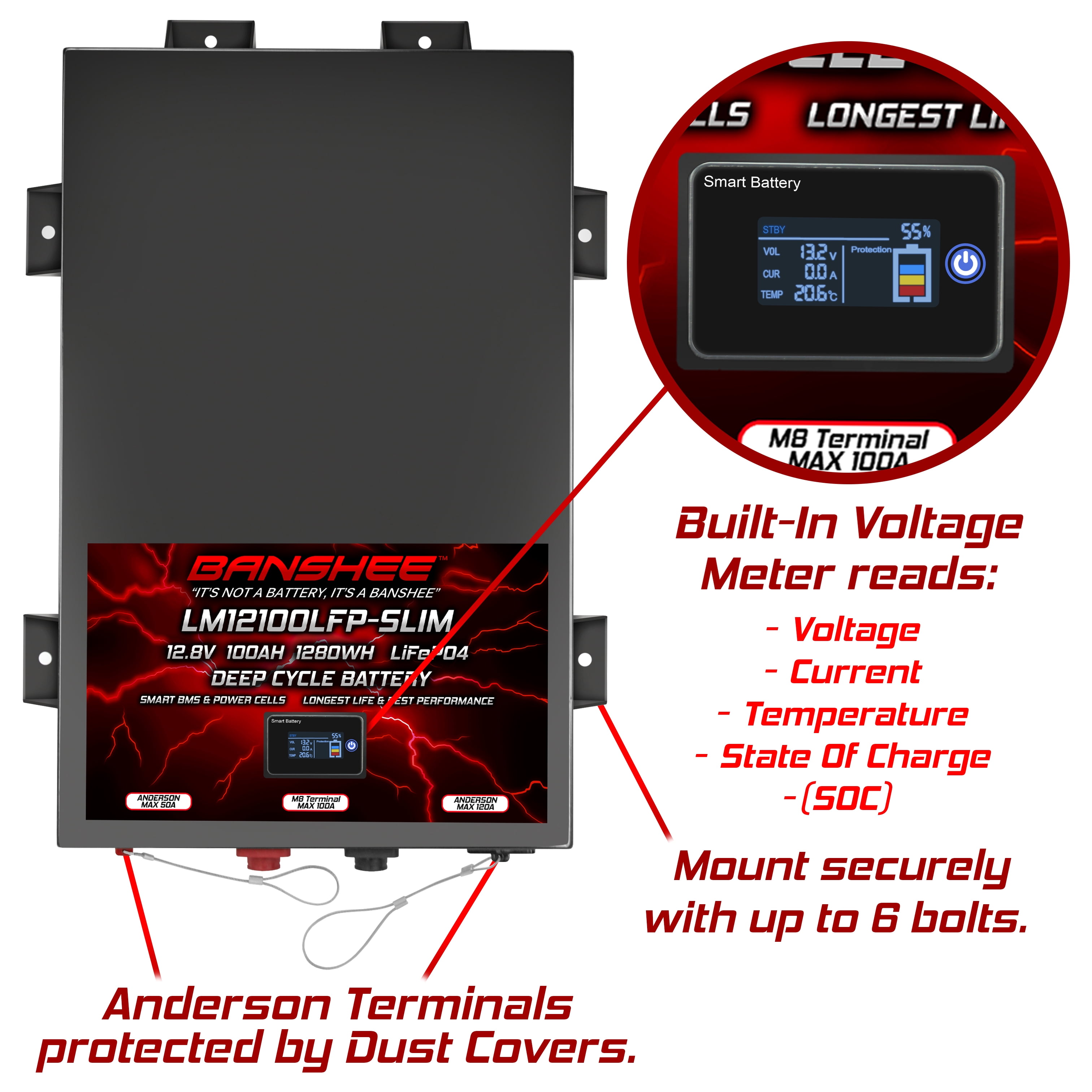 Super Slim 12V 100Ah Deep Cycle Lifepo4 Lithium Ion Battery Pack with Twin Anderson Style Connectors (50A & 120A) & M8 Insert Terminals