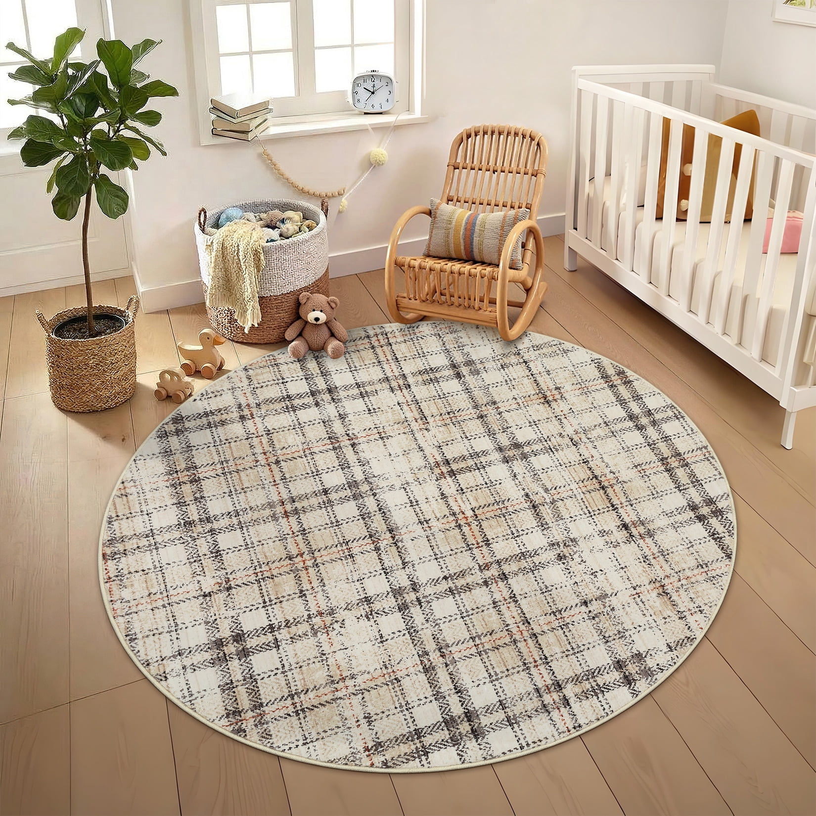 Garvee Plaid Area Rug 6x6ft Modern Round Washable Rug, Non Slip Stain Resistant Rug Geometric Carpet for Living Room Bedroom Home Office, Beige