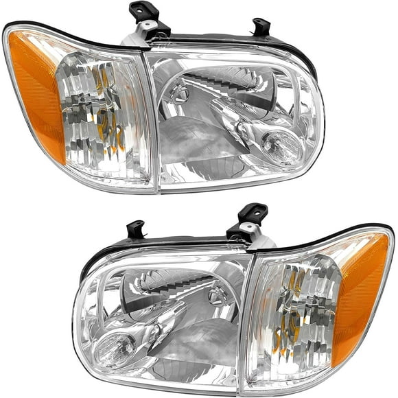 ALS Replacement For TUNDRA Double 2005 2006 Sequoia 2005 2006 2007 Crew Cab Headlights Headlammp Assembly Chrome Housing Amber Reflector Driver Side and Passenger Side without bulb