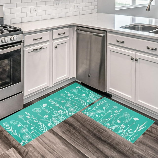 Teal Floral Kitchen Mats for Floor, Green Spring Summer Flower Modern Farmhouse Kitchen Rugs Set of 2 Carpet Area Rug,White Turquoise Teal Kitchen Decor and Accessories,17x30 and 17x47 Inch
