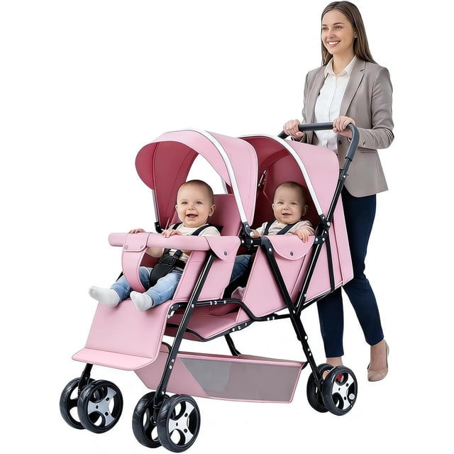 Carriola Doble, Carriola Doble para Gemelos, Ajustable en 3 Posiciones, Arnés de Seguridad de 5 Puntos, Reposapiés Ajustable, Fácil de Plegar, Toldo con Ventanilla, 95*50*103cm (Rosa)