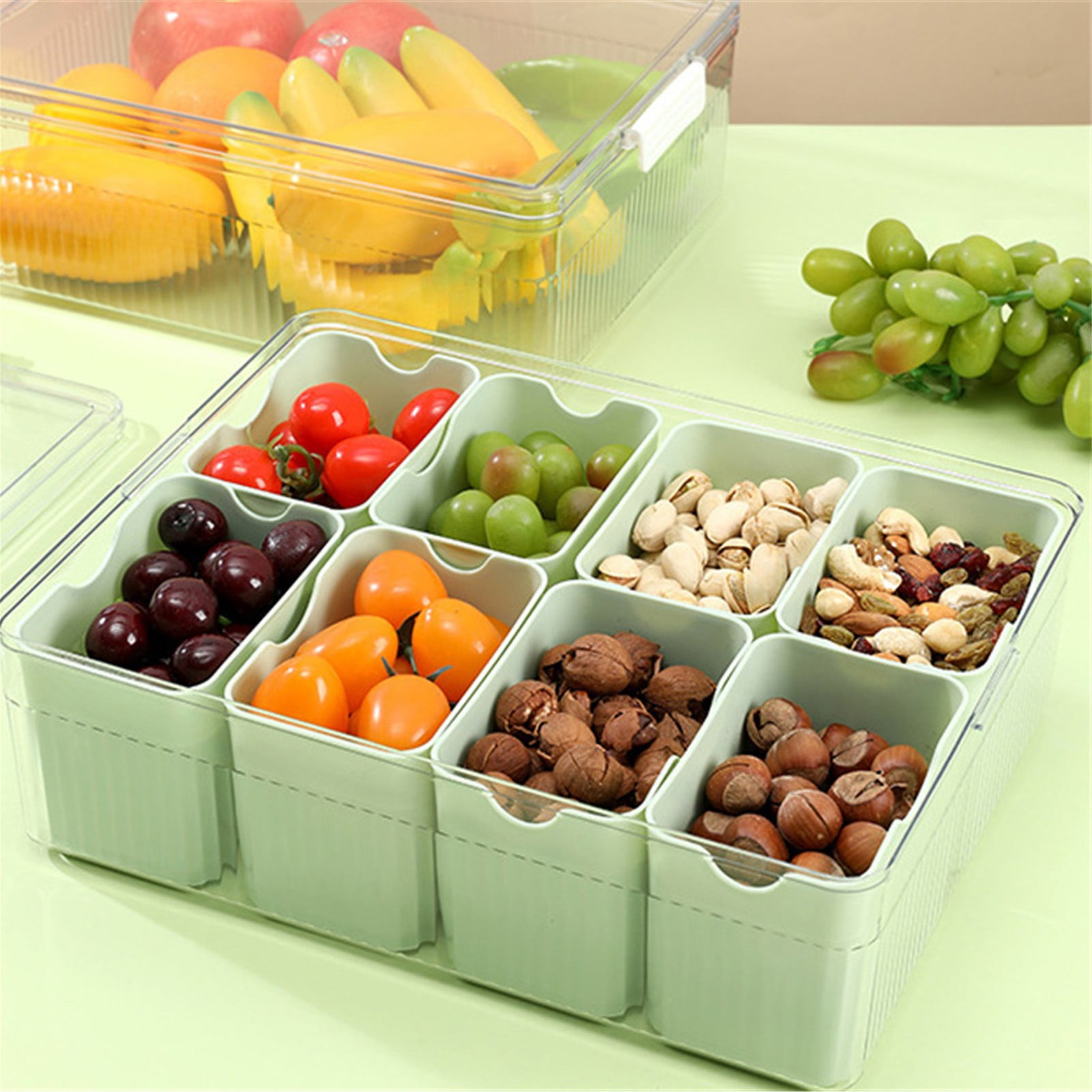 Huayishang Storage Box, Kitchen Essentials Clearance Sale Kitchen Refrigerator Meat Vegetable Cooked Food Storage Dedicated Transparent Detachable Lid Four-Grid Storage Box