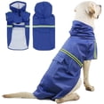 thumbnail image 2 of Impermeable para perros con capucha, impermeable y cortavientos, con tiras reflectantes y orificio para arnés (azul oscuro XL)., 2 of 5