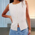 thumbnail image 4 of Women Button Down Vest Ribbed Sleeveless Cardigan Tank Top Y2k Crewneck Slim Fit Knit Vest Tops Going Out Crop Top White L, 4 of 7