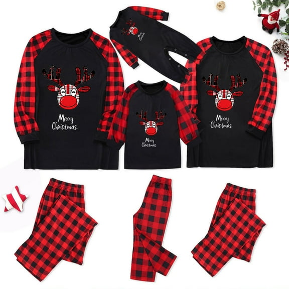 Odeerbi Christmas Pajamas for Family Holiday Plaid Long Sleeve Family Christmas Pajamas Matching Sets Baby Merry Christmas Print Parent-child Suit Two-Piece Sleepwear Xmas PJs Set Black