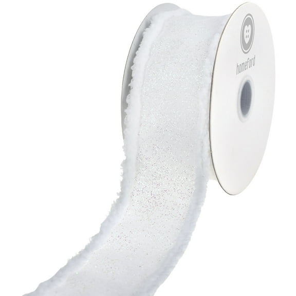HOMEFORD Christmas Glittered Satin Snowball Edge Wired Ribbon, 2-1/2-inch, 10-yard, White