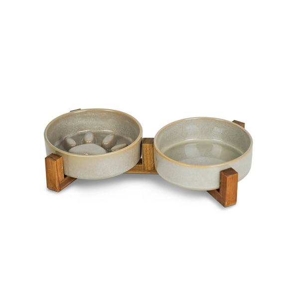 Dog Slow Feeder Ceramic Bowls Set with Stand, Cute Paw Slow Feeding Food Bowl and Water Bowl for Small Breed, Ceramics Cat Dishes,Non Slip, Brithday Gifts, Grey