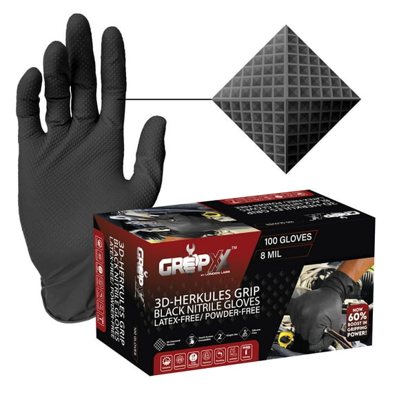 GRIPXX 8 Mil Black Nitrile Gloves - Heavy Duty, 3D Raised Diamond Texture Grip - Latex-Free & Powder-Free - Industrial, Mechanic, Food Service - Disposable Gloves for Tough Tasks-X-Large