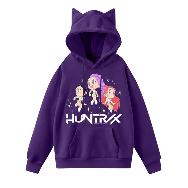 pop Huntrix Print Cat Ears Hoodie with De-mon Sweatshirt HUNTRX Movie Fashion Streetwear Long Sleeve Print Soft Sweatshirt L