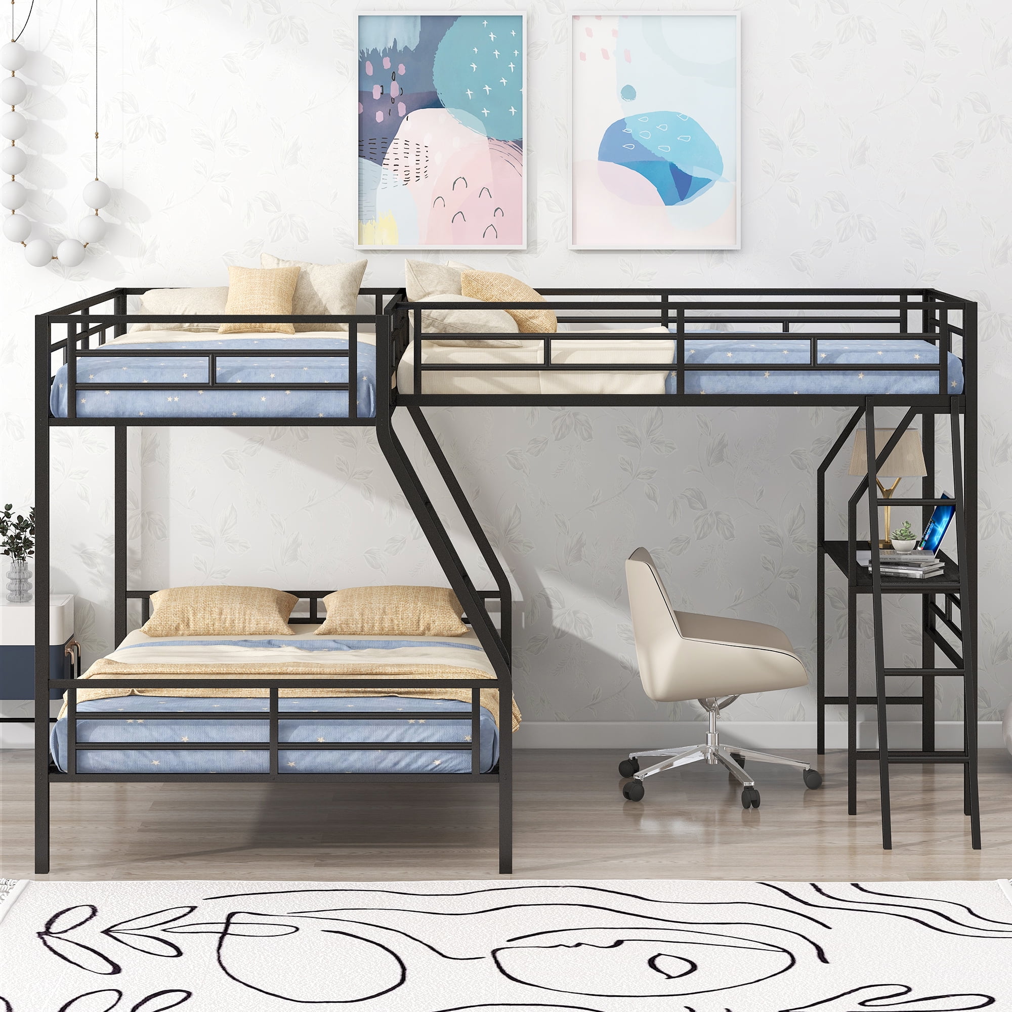 Aukfa Twin-Over-Full Metal L-Shaped Triple Bunk Bed with a Twin Loft Bed and Desk for 3 Kids Teens - Black