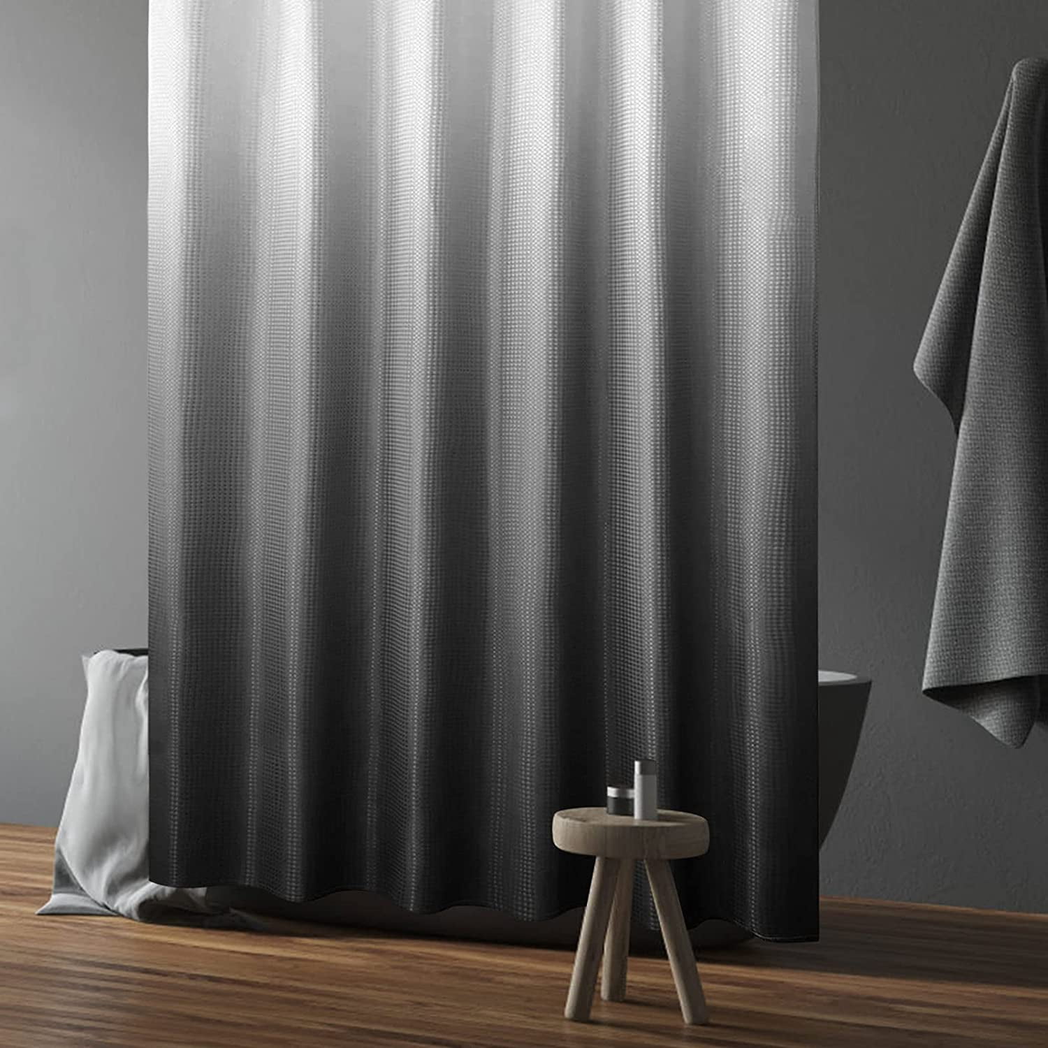 Shower Curtain 72 x 84, Tall Black Ombre Shower Curtain for Bathroom, Waffle Weave Fabric Shower Curtain Set with Hooks, Water Repellent, Machine Washable