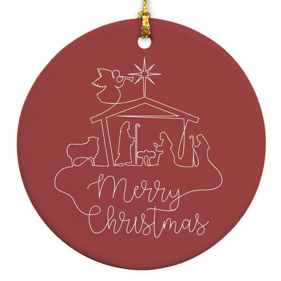 Merry Christmas Nativity Red Christmas Round Disc Ornament