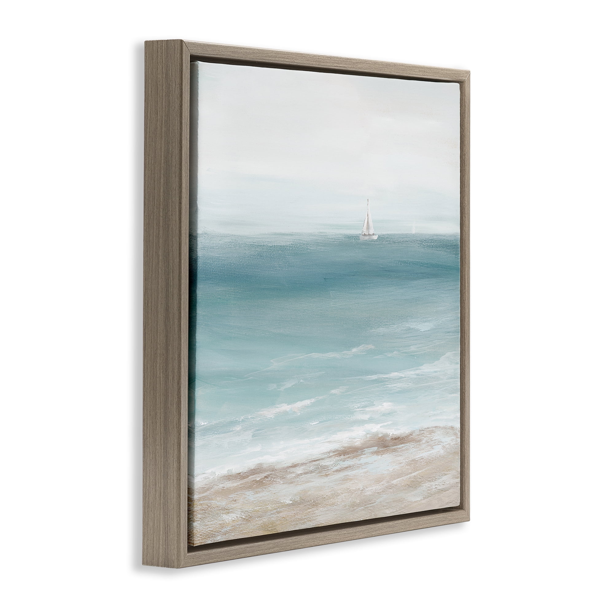 Stupell Industries Distant White Sailboat Nautical & Beach Painting Brown Floater Framed Canvas Art Print Wall Art, 18 x 18