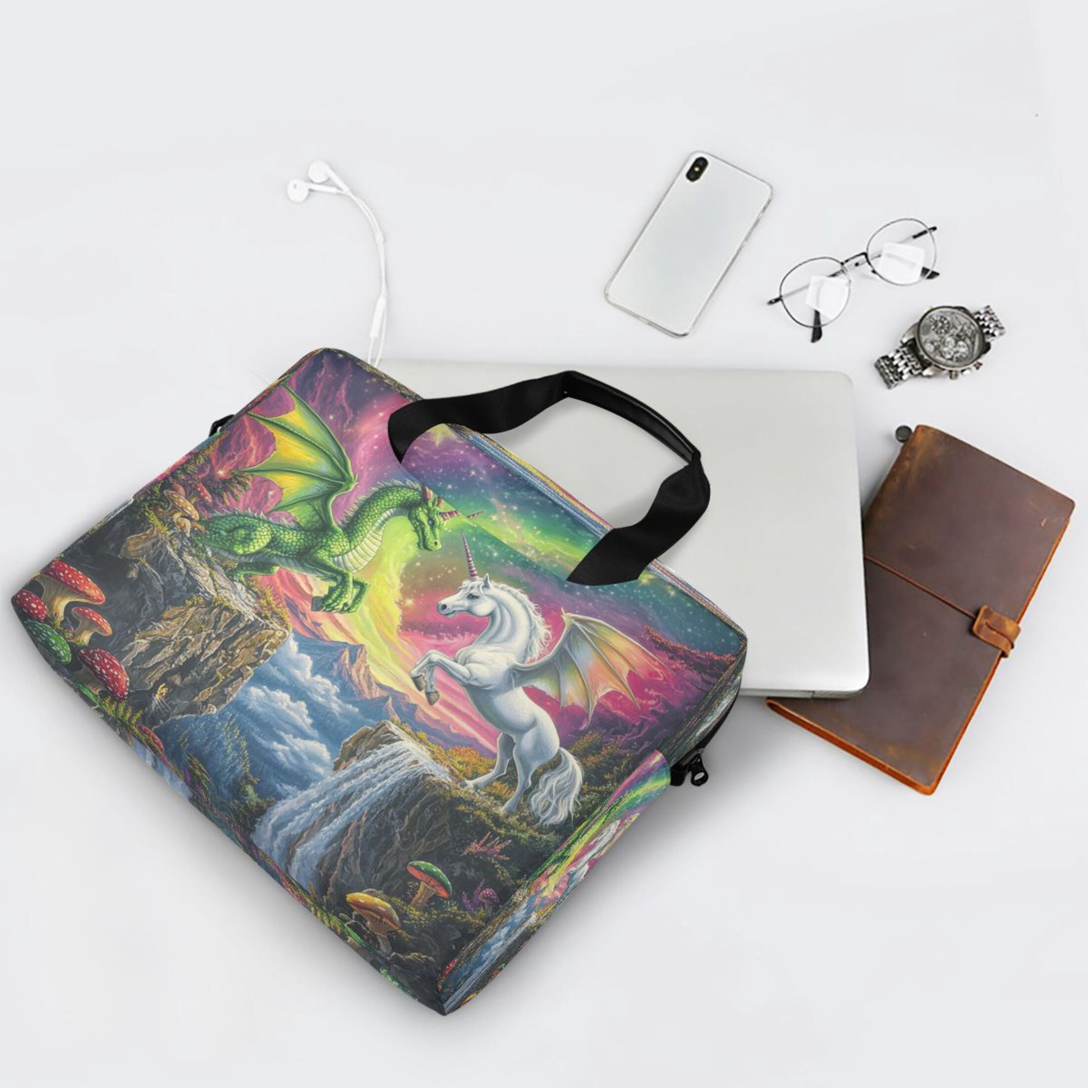 16" Laptop Tote Bag Laptop Sleeve Case Computer Briefcase for Work & Travel Green Dragon and White Unicorn