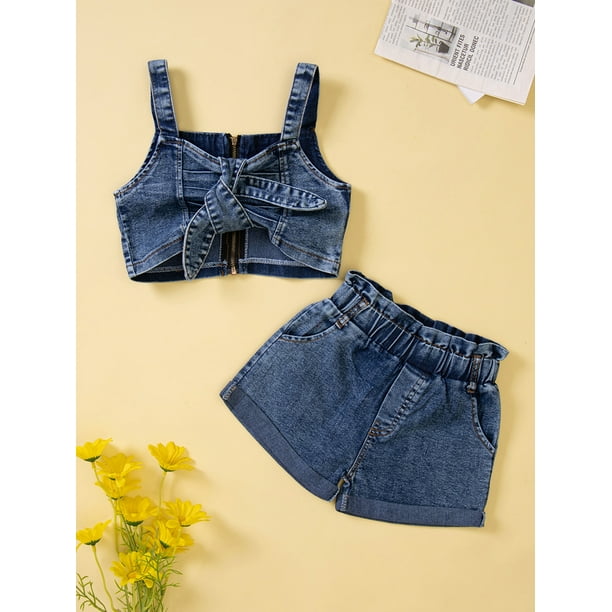 Bagilaanoe 2PCS Little Girls Denim Set Sling Tie-Up Crop Camisole Tops +  Ruffle Denim Shorts 1-6 Years Kids Girls Summer Cozy Outfits