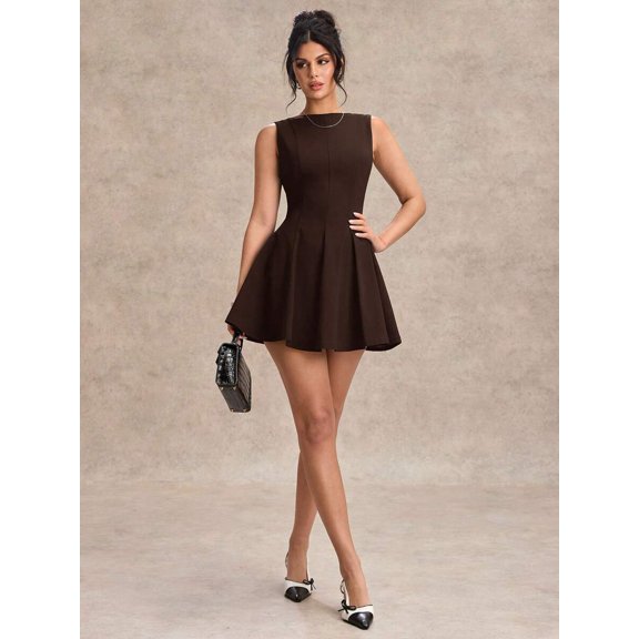 Coffee Brown Fit & Flare Sleeveless A-Line Mini Dress For Women