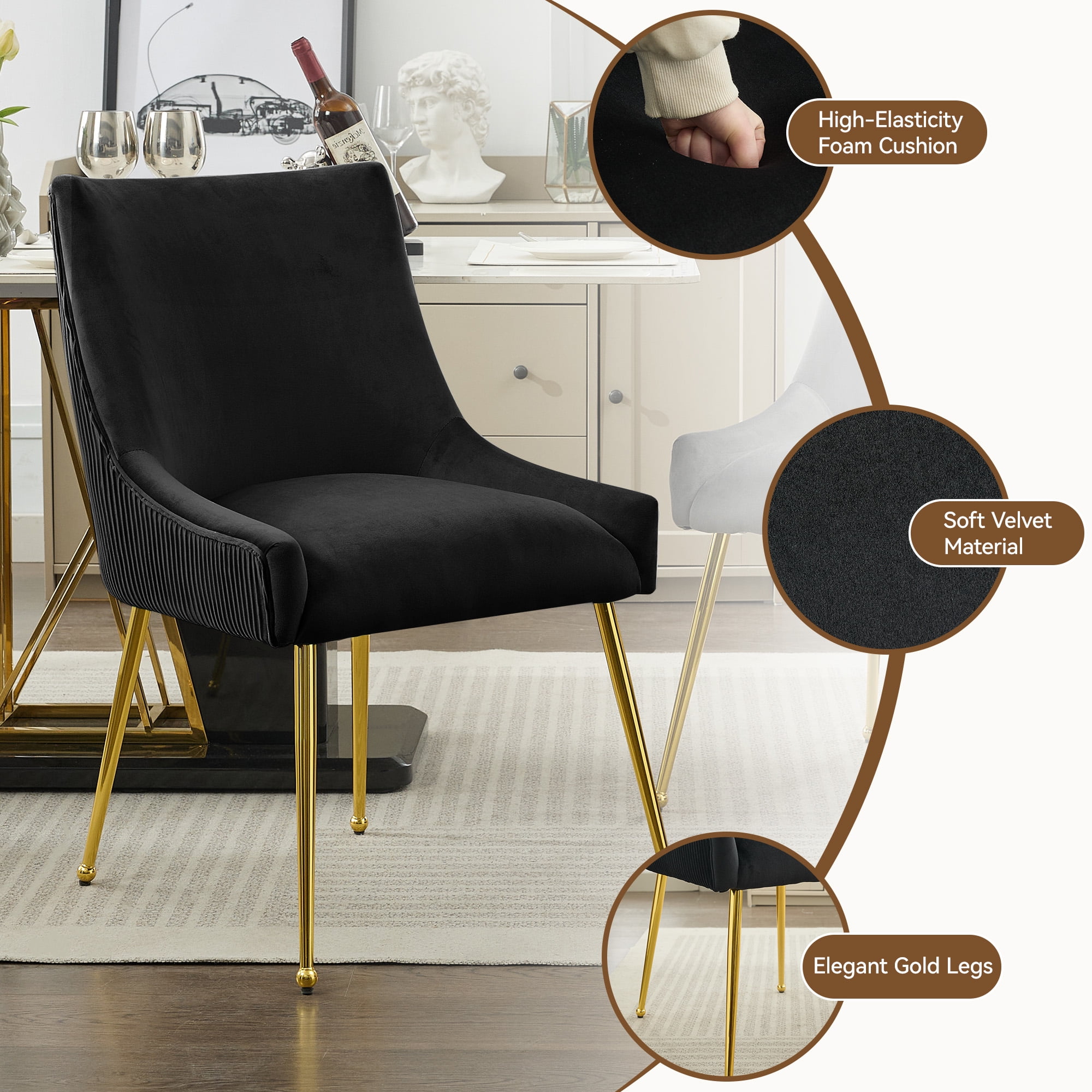 Velvet Dining Chairs Set of 2 with Gold Legs, Upholstered Accent Chairs, Pleated Back & Gold Pull Handle, Mid-Century Modern for Dining Room, Kitchen, Living Room, Black