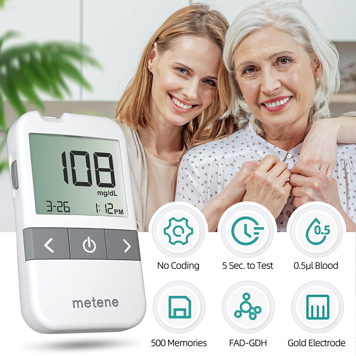 Metene AGM-513S Blood Glucose Monitor Kit, 100 Glucometer Strips, 100 Lancets, 1 Blood Sugar Monitor, 1 Control Solution, Lancing Device and Carrying Bag, No Coding - image 5 of 7