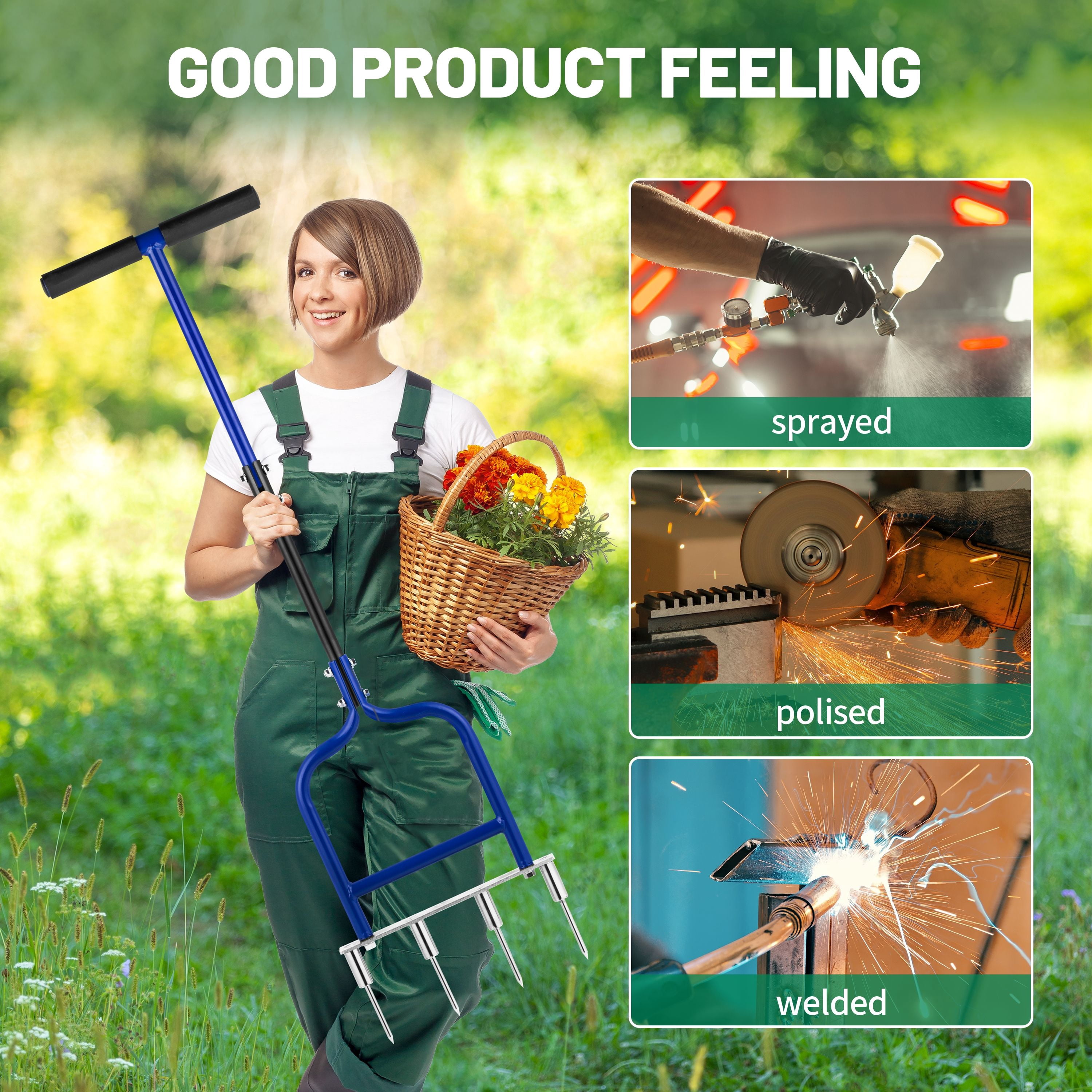 YOWPSY Spike Tine Fork Lawn Aerator - Four 5.2'' Stainless Steel Spikes Manual Gardening Hand Tool - Grass Dethatcher Aerator Lawn Tool with Solid Tines for Compacted Soil - Lawn Plugger Aerator.