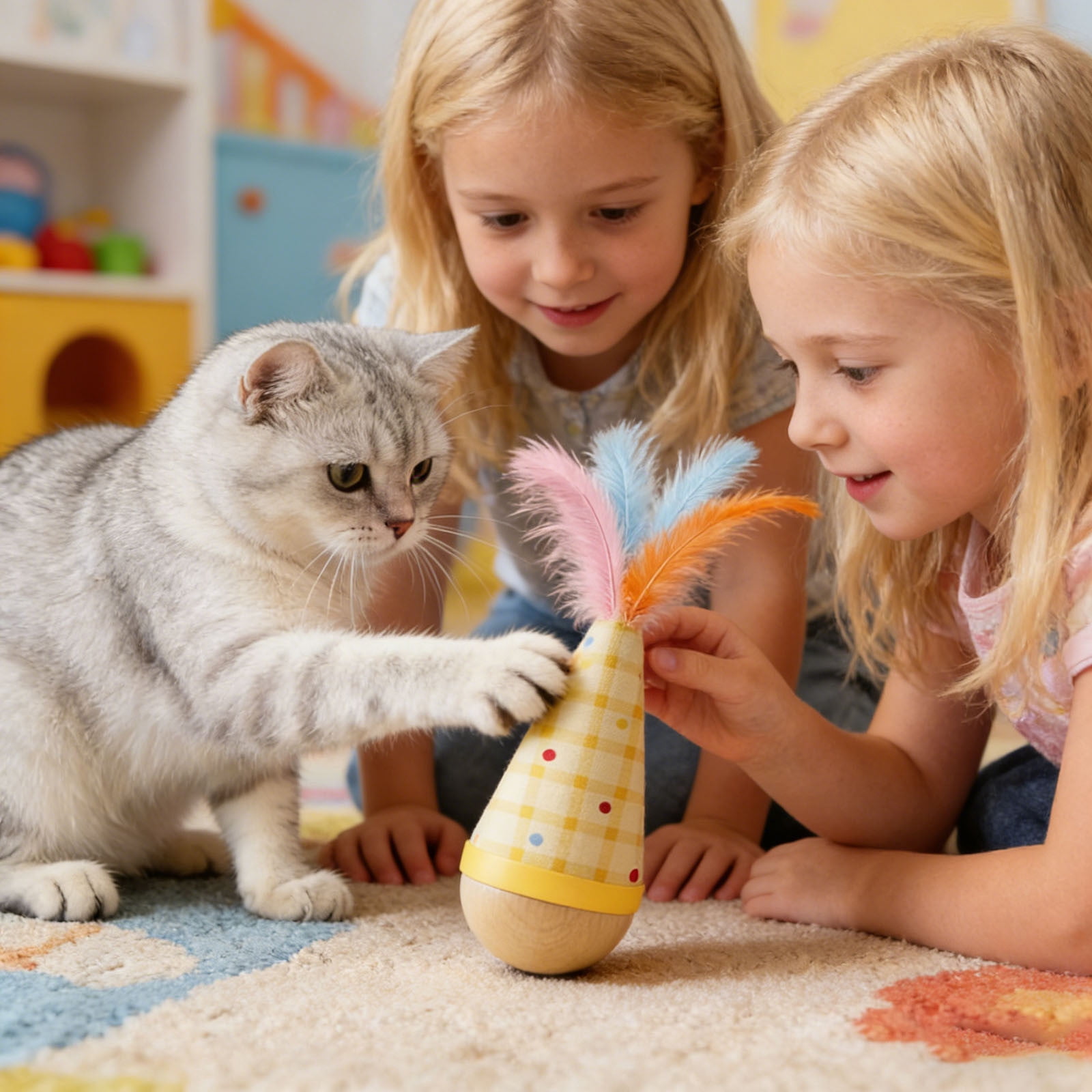 Wooden Interactive Cat Toy Tumbler Wobble Toy for Indoor Cats, Self Righting Chaser with Orange Feather, Wood Interactive Play for Boredom Relief and Exercise