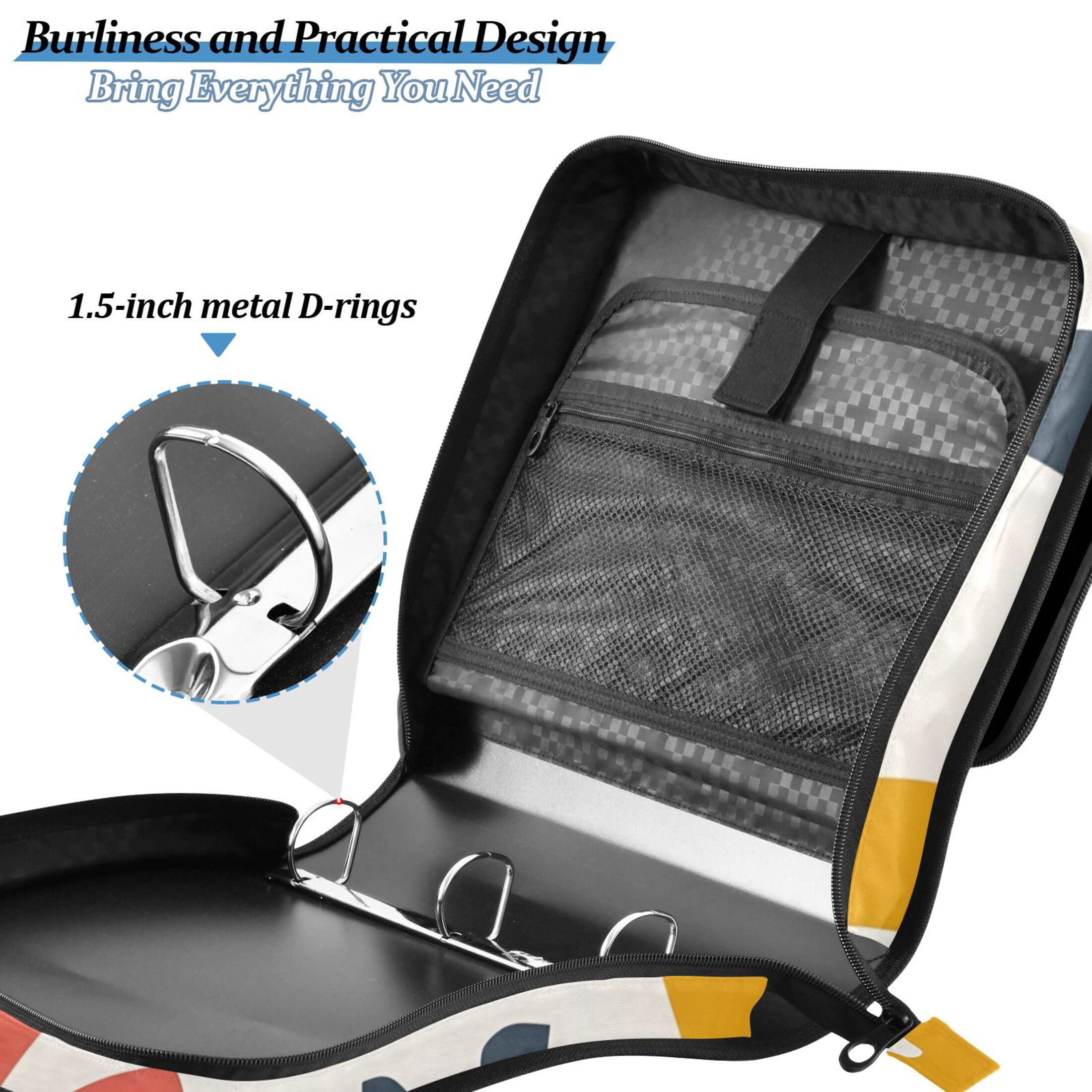 3 Ring Zipper Binder with Shoulder Strap Waterproof Trapper Keeper 2 Inch D-Ring 500 Sheets Capacity Abstract Playful Shape