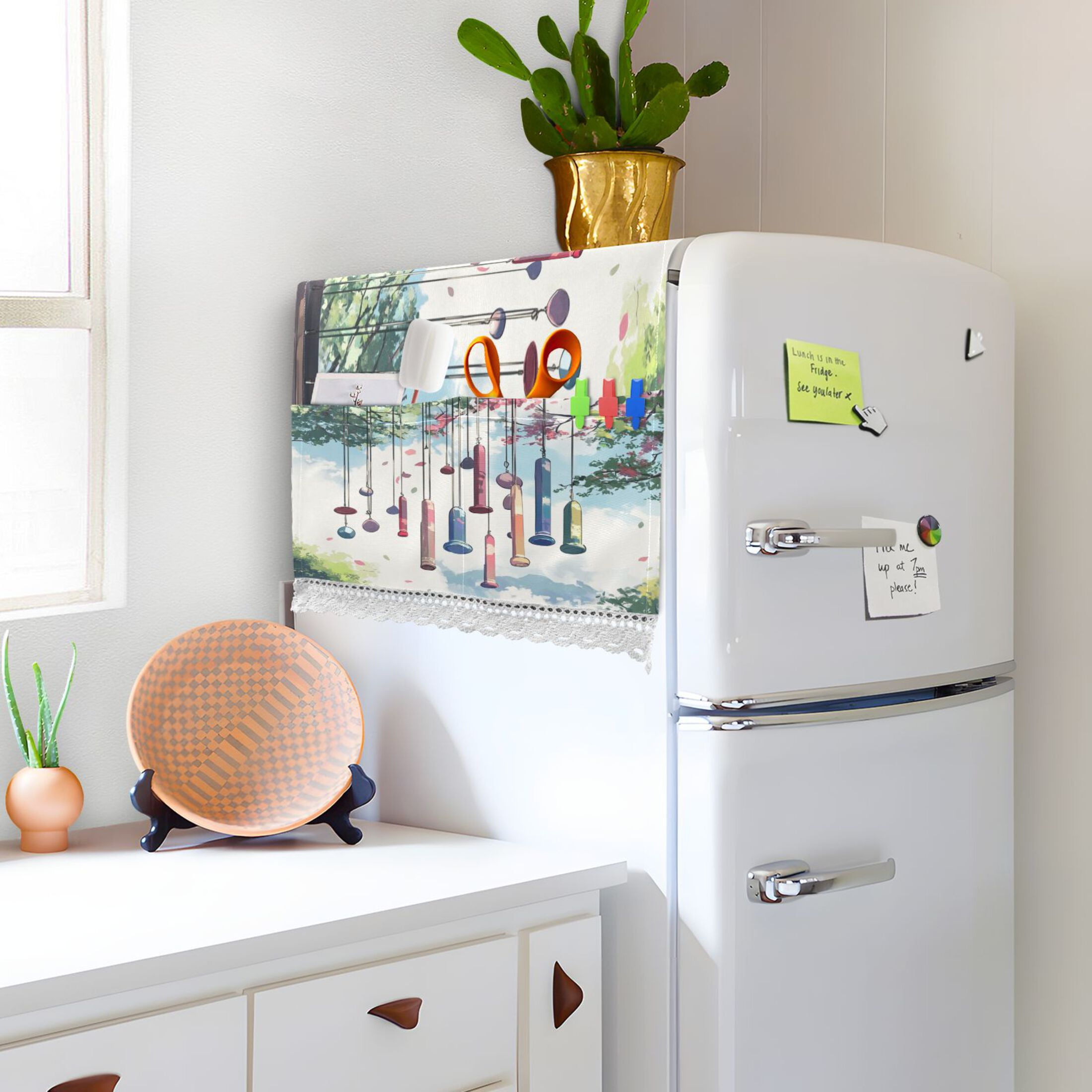 Wind ChimesWasher and Dryer Covers Dust-Proof and Oil Resistant Fridge Cover with 4 Storage Pockets Washing Machine Top Cover for Laundry Kitchen Home 51.2 x 22 In