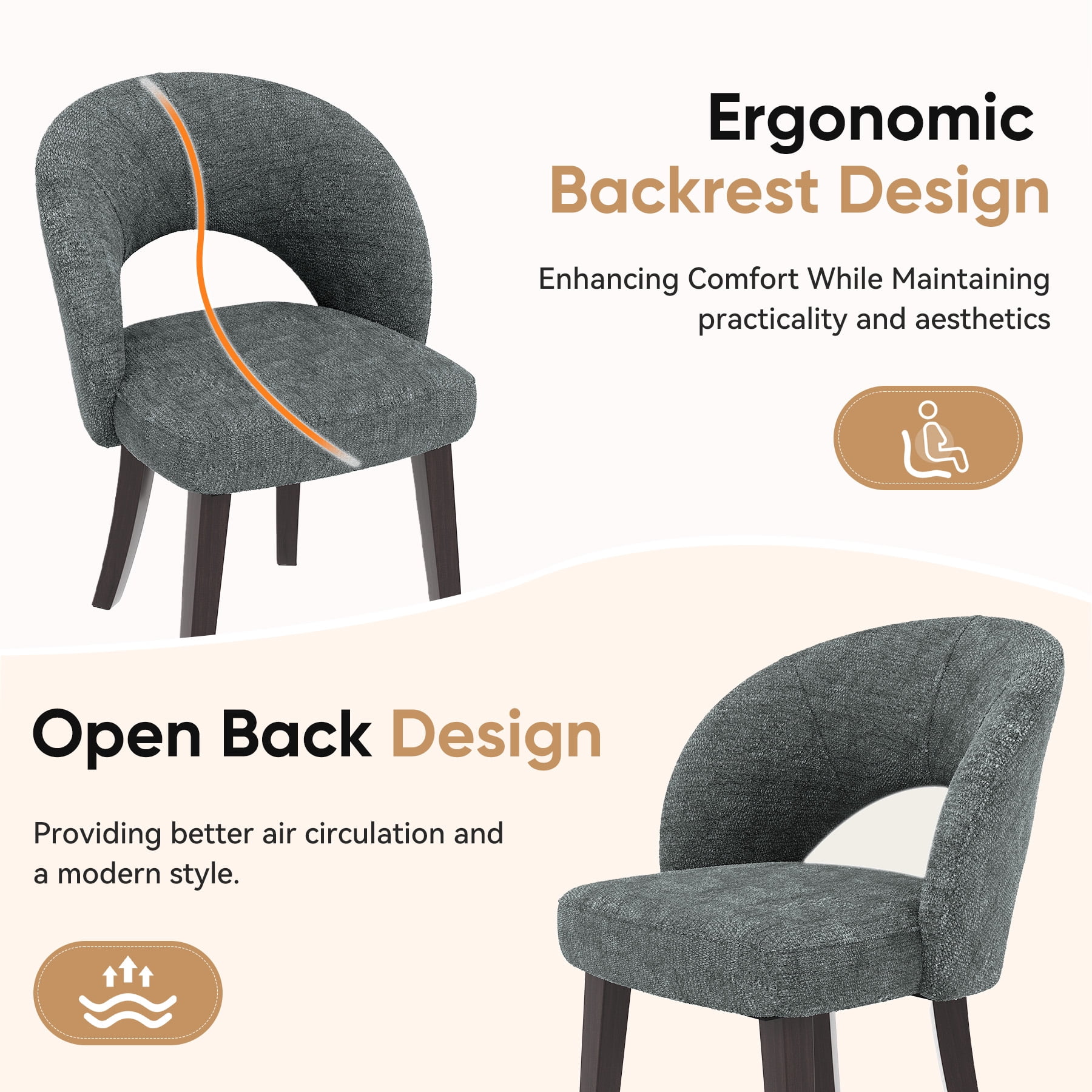 MOONNISS Upholstered Dining Chairs Set of 4, Mid Century Modern Dining Chairs with Solid Wood Legs, Curved Back Kitchen Chairs, Farmhouse Side Chairs for Dining Room,Gray