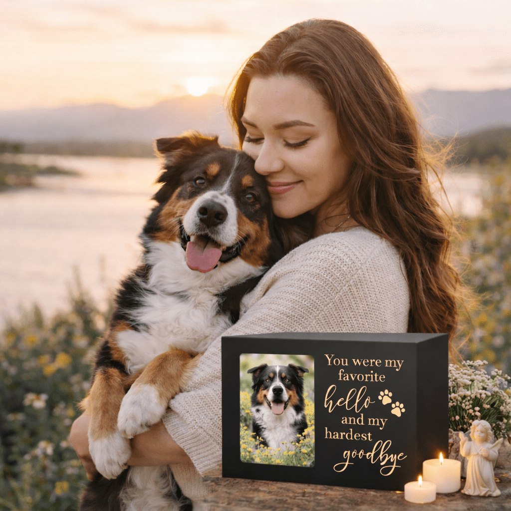 Pet Memorial Urn, Large Wooden Cremation Urn with Photo Frame, Keepsake Memory Box for Dog and Cat Ashes, Black Flannel Lining
