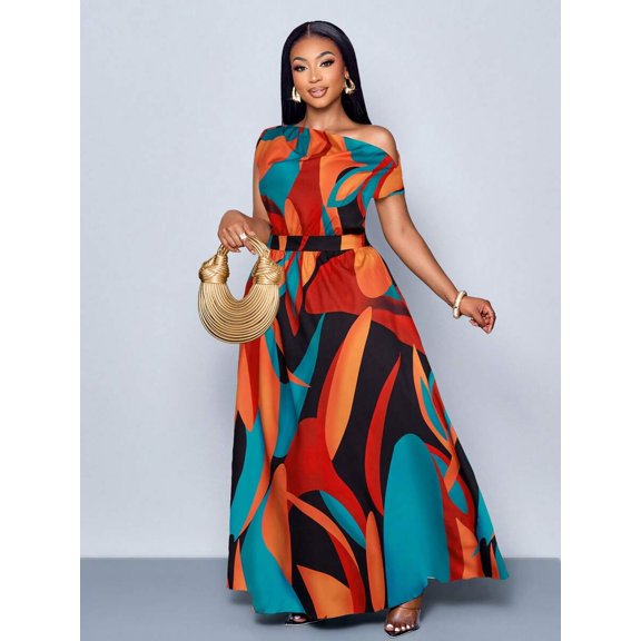 Womens Orange Abstract Print Off Shoulder Maxi Dress