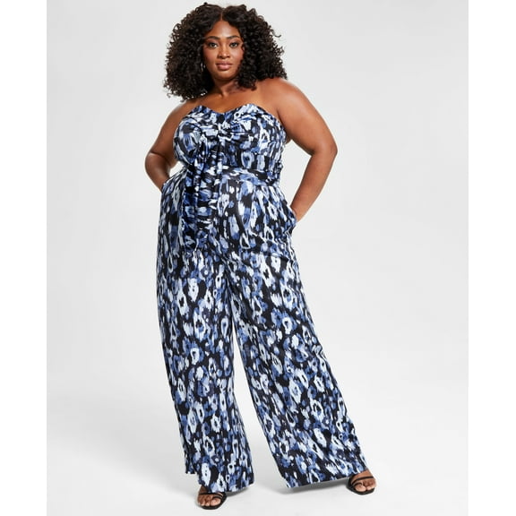 Nina Parker Trendy Plus Size Strapless Jumpsuit Blue Animal Print 16W