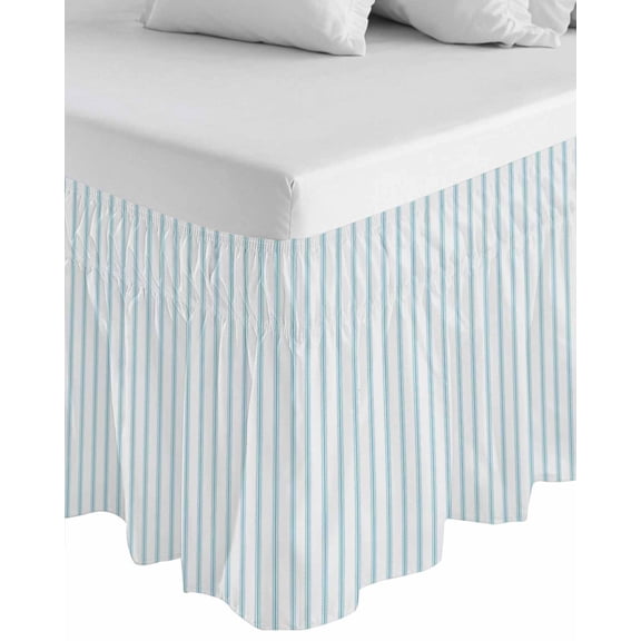 Blue Striped Wrap Around Bed Skirts for Queen Bed 18" Drop, Bed Skirt with Adjustable Elastic Belt Dust Ruffle Bed Valance for Bedroom Hotel Luxury Blue White Stripes Farmhouse Bed Frame Cover