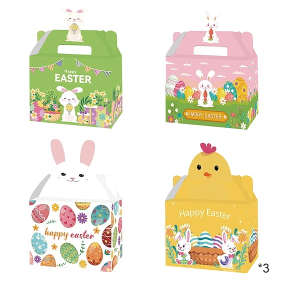 AURIGATE 12Pcs Easter Treat Gift Boxes, 3.54×6.3×4.72in Paper Easter Candy Cookie Boxes with Handle, Bunny Chick Easter Party Favor Boxes for Spring Holiday, Gift Giving & Celebration Decor