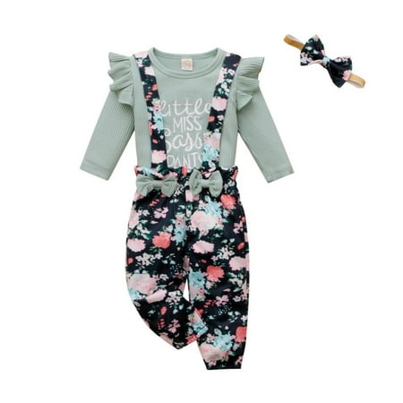 

PROMOTION SALES!Baby Girl Cute Hanging Letter Long Sleeve + Bow Printed Overalls + Headband Three-piece Light Green 100cm