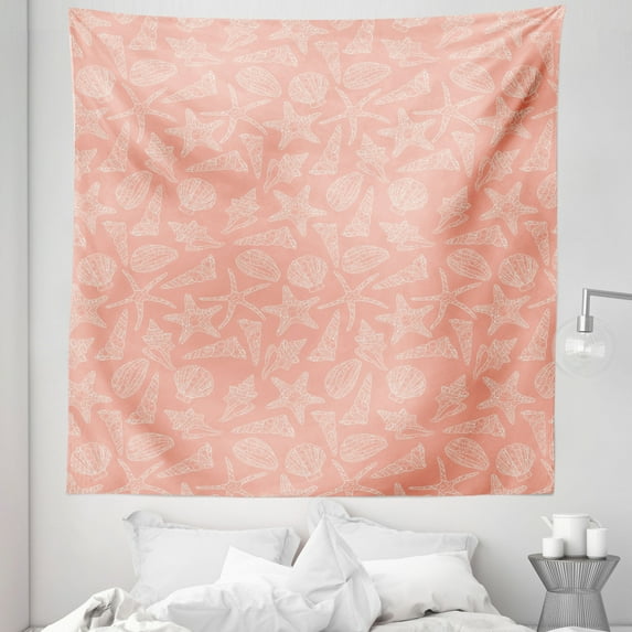 Shells Tapestry, Nautical Monochrome Design Maritime Style Pastel Outline Ornamental Underwater, Fabric Wall Hanging Decor for Bedroom Living Room Dorm, 5 Sizes, Coral and White, by Ambesonne