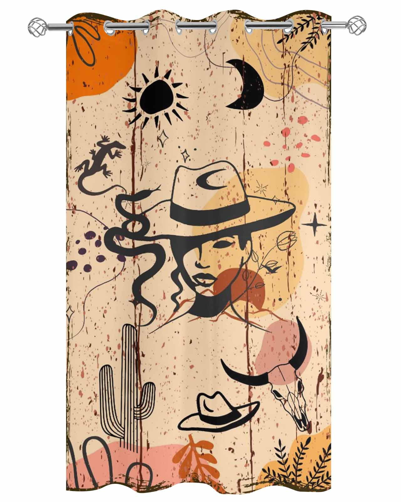 Western Boho Outdoor Curtains for Patio, Vintage Cowboys Abstract Cactus Plant Brown Privacy Drapes Grommet Waterproof Outside Curtains for Porch/Cabana/Balcony 54"x 84", 1 Panel