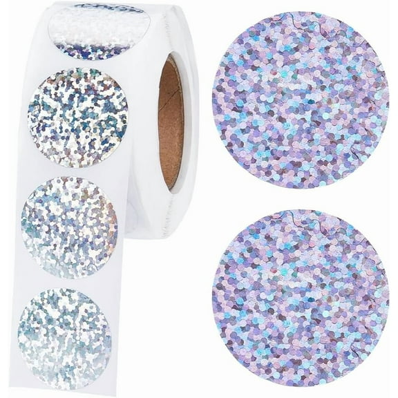 500pcs Holographic Silvery Round Stickers Self Adhesive Metallic Glitter Foil Stickers PVC Decorative Sticker Rolls Reward Labels Waterproof Decals for Card Making Teachers Supplies